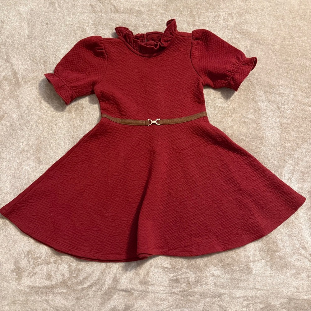 Janie and Jack Girls Burgundy Quilted Matelasse Dress Horsebit Belt Size 6